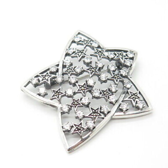 925 Sterling Silver Real Marcasite Gemstone & C Z Star Pin Brooch - Picture 4 of 8